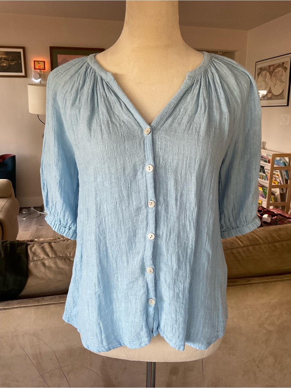 🩵 Heroes & Dreamers Light Linen‎ Blue Crinkle Gauze Peasant Blouse Small